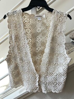 RARE Vintage TERRACOTTA 100% SILK Floral Crochet Vest Ivory Boho Luxury Size M